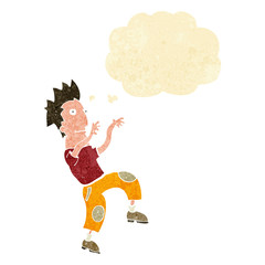 cartoon happy man doing funny dance with thought bubble