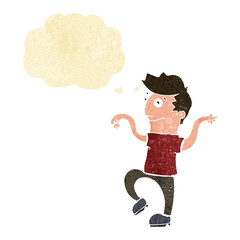 cartoon happy man doing funny dance with thought bubble