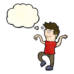 cartoon happy man doing funny dance with thought bubble