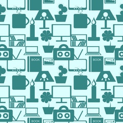 Seamless pattern with elements of household items in blue over light blue background