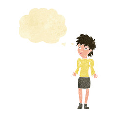 cartoon woman shrugging shoulders with thought bubble