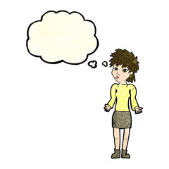 cartoon woman shrugging shoulders with thought bubble