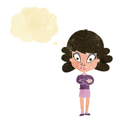 cartoon happy woman with folded arms with thought bubble