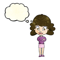 cartoon happy woman with folded arms with thought bubble