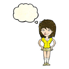 cartoon woman with hands on hips with thought bubble