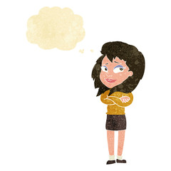 cartoon woman with crossed arms with thought bubble