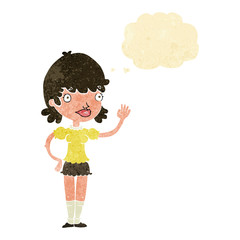 cartoon waving woman with thought bubble
