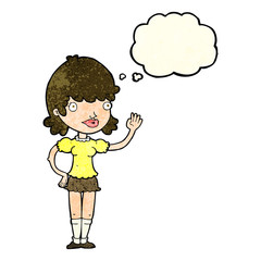 cartoon waving woman with thought bubble