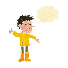 cartoon poor boy with positive attitude with thought bubble