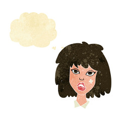 cartoon woman with bruised face with thought bubble