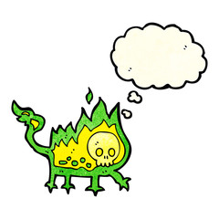 cartoon little fire demon with thought bubble