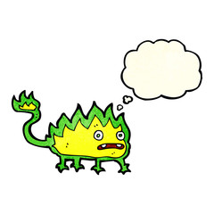 cartoon little fire demon with thought bubble