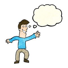 cartoon happy man dancing with thought bubble