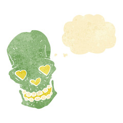 cartoon skull with love heart eyes with thought bubble