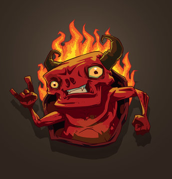 Vector Red Devil with fire. Cartoon image of a red devil with horns with tongues of flame behind his back on a brown background.