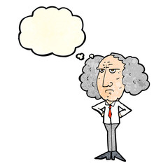 cartoon big hair lecturer man with thought bubble