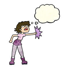 cartoon woman punching with thought bubble