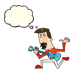 cartoon man playing electric guitar with thought bubble