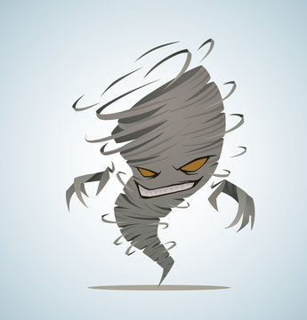 Vector tornado. Cartoon image of gray tornado with evil eyes and a grin on a light blue background.