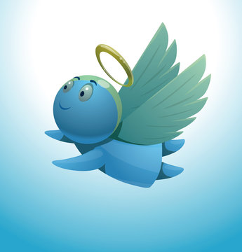 Vector сute little angel flies. Cartoon image of a cute little blue angel with wings and golden halo over his head flying on a light blue background.