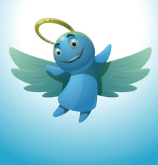 Vector сute little angel smiling. Cartoon image of a cute little blue angel with wings and golden halo over his head smiling on a light blue background.