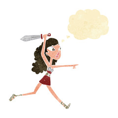 cartoon viking girl with sword with thought bubble