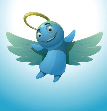 Vector сute little angel smiling. Cartoon image of a cute little blue angel with wings and golden halo over his head smiling on a light blue background.