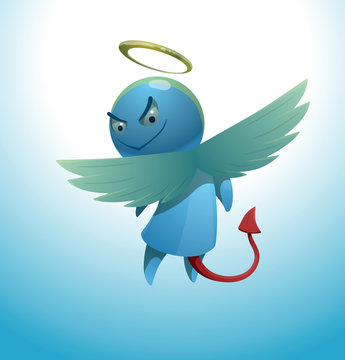 Vector сute little angel with a devilish tail. Cartoon image of a cute little blue angel with wings and golden halo over his head and with a red devilish tail on a light blue background.