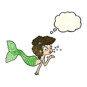 cartoon mermaid blowing kiss with thought bubble