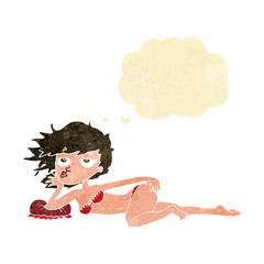cartoon woman posing in underwear with thought bubble