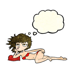 cartoon woman posing in underwear with thought bubble
