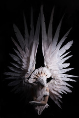 Angel, costume, concept, cinematic, young girl with white wig , which carries a large white mask...