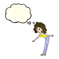 cartoon woman reaching to pick something up with thought bubble