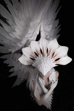 Angel, costume, concept, cinematic, a portrait of a young girl and a white wig , which carries a large white mask and a large white wings. feathers costume and hands painted in white, look from up.