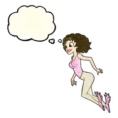 cartoon flying woman with thought bubble