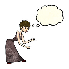cartoon woman in dress gesturing with thought bubble