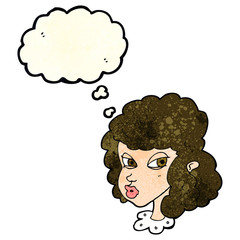cartoon suspicious woman with thought bubble
