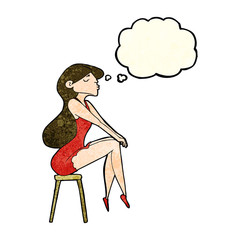 cartoon woman sitting on stool with thought bubble