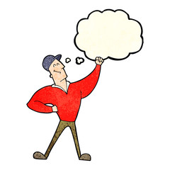 cartoon man striking heroic pose with thought bubble