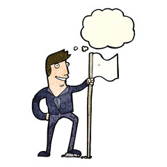 cartoon man planting flag with thought bubble