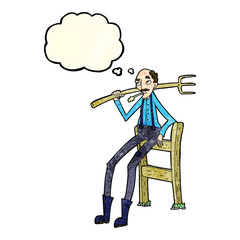 cartoon old farmer leaning on fence with thought bubble