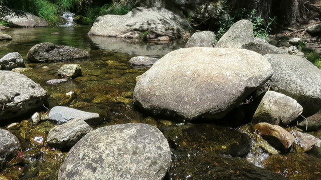 pond river clear water full of rocks and stones in background in Spain Europe
