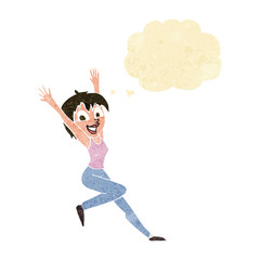 cartoon excited woman with thought bubble