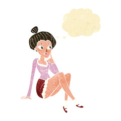 cartoon attractive woman sitting thinking with thought bubble
