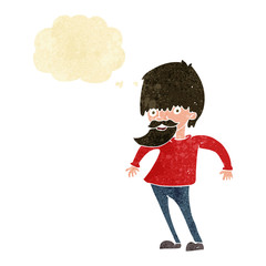 cartoon bearded man shrugging shoulders with thought bubble