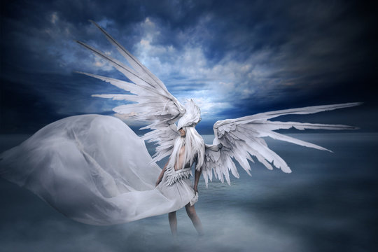young girl with  big white wings, standing in the lake in landscape with dramatic sky and fog.