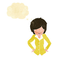 cartoon woman with hands on hips with thought bubble