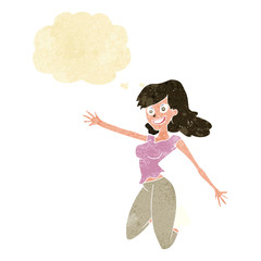 cartoon jumping woman with thought bubble