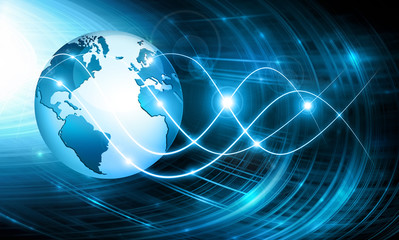 Best Internet Concept of global business. Globe, glowing lines on technological background. Electronics, Wi-Fi, rays, symbols Internet, television, mobile and satellite communications