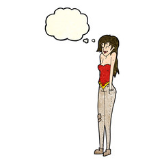 cartoon pretty woman shrugging shoulders with thought bubble